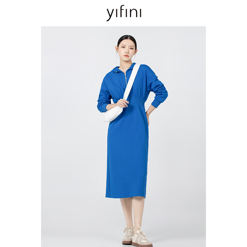 易菲收腰气质连帽卫衣裙连衣裙