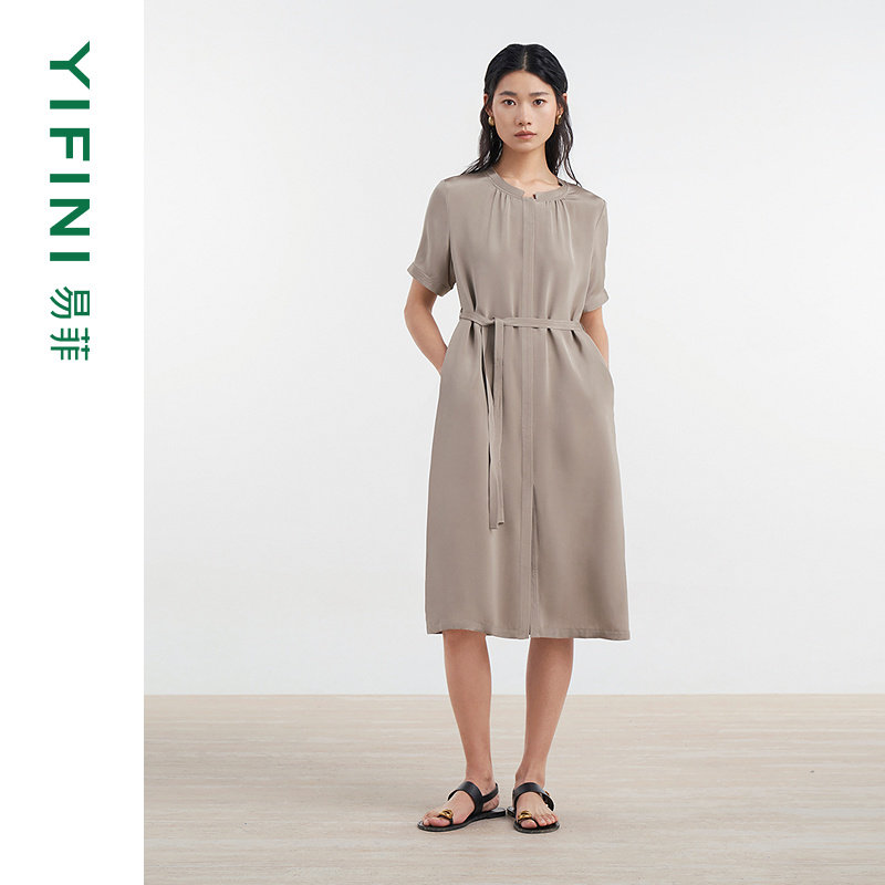 [专柜同款]Yifini/易菲重磅真丝弹力绉轻薄款短袖中长款连衣裙女