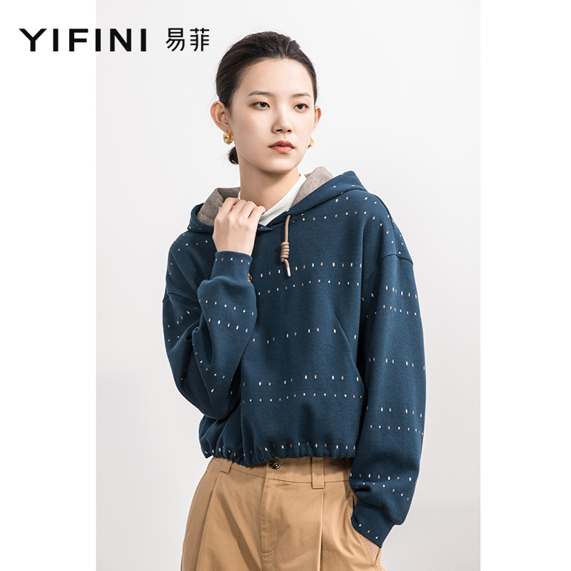 Yifini/易菲宽松短款蓝色连帽卫衣女秋冬新款通勤百搭上衣