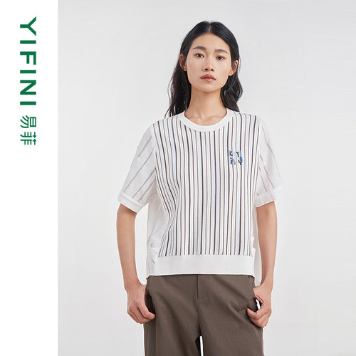 易菲条纹印花宽松短袖拼接针织衫