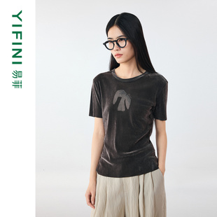 [专柜同款]Yifini/易菲植绒网布修身短款圆领T恤女短袖百搭上衣