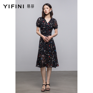 Yifini/易菲V领优雅碎花鱼尾连衣裙法式气质中长款裙夏季新款