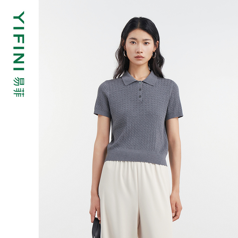 易菲复古绞花宽松短款针织毛衫