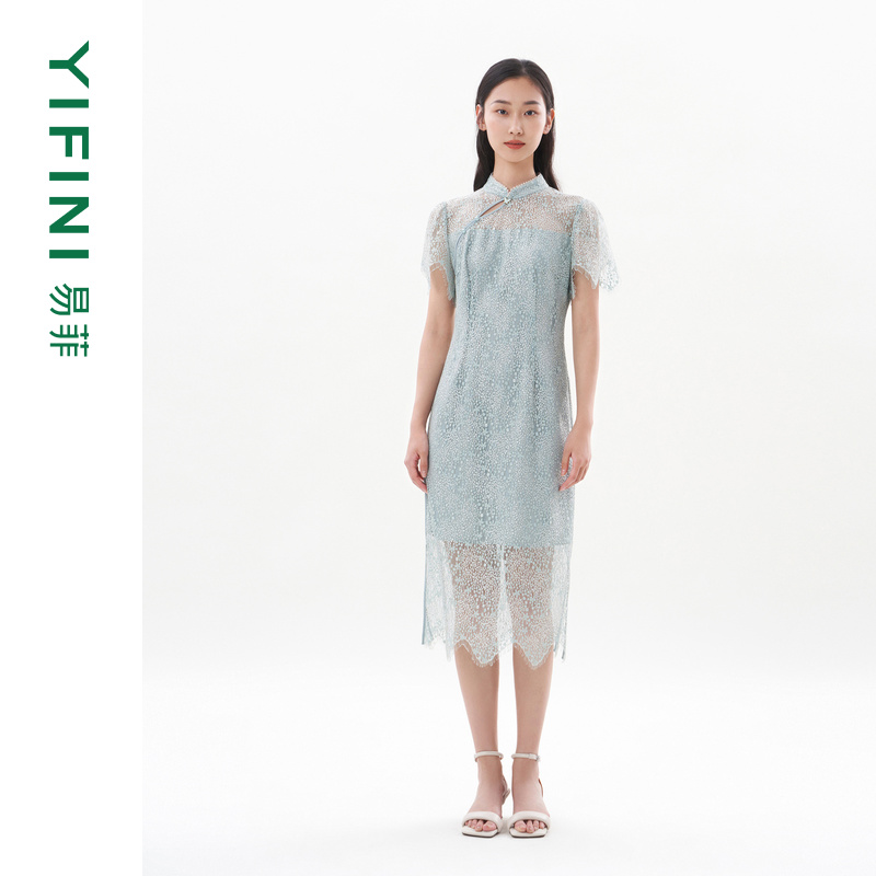 易菲蕾丝旗袍亮丝连衣裙