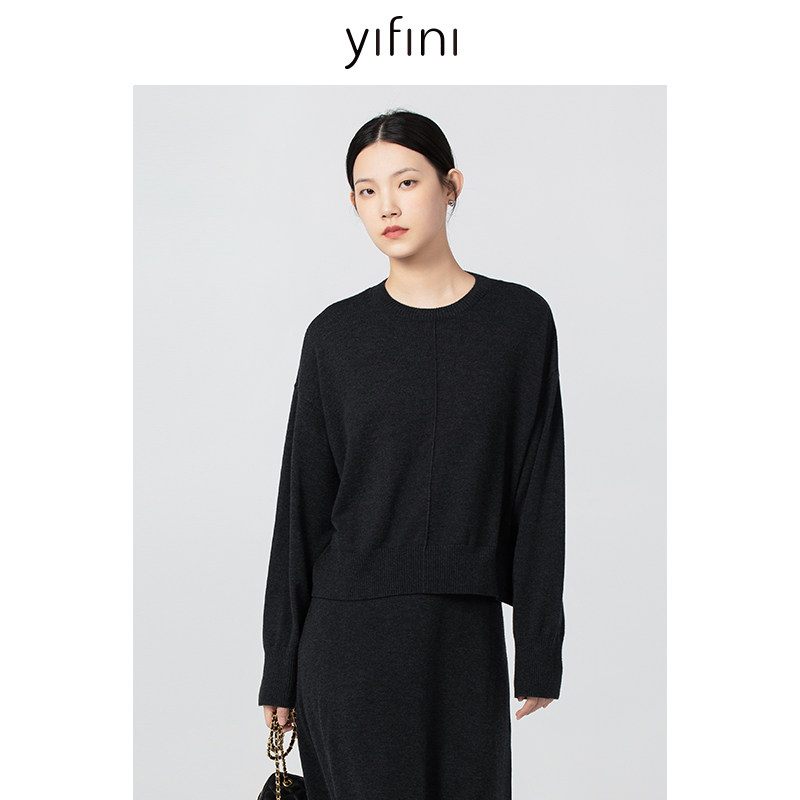 Yifini/易菲宽松圆领百搭保暖针织衫女春秋新款落肩舒适毛衫