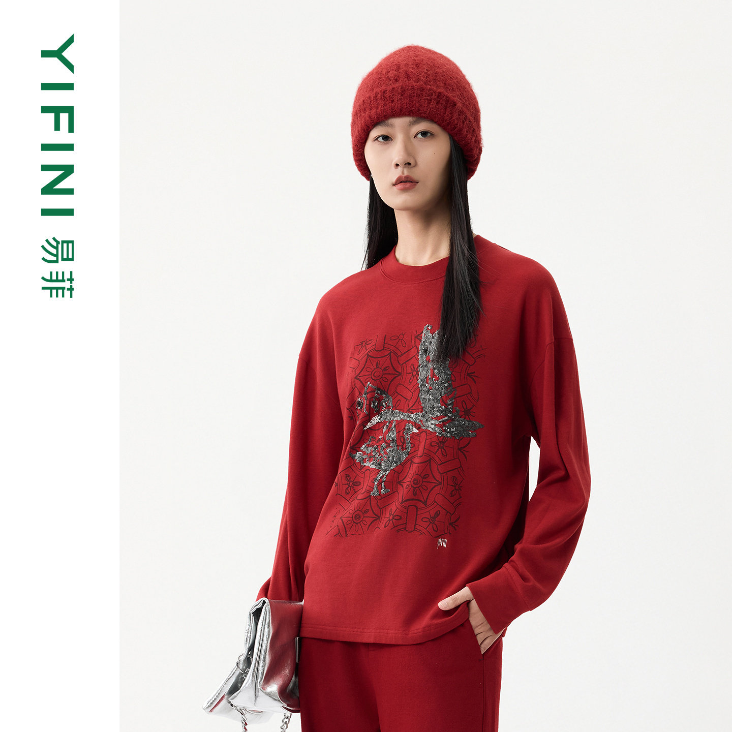 [专柜同款]Yifini/易菲天丝棉混纺印花亮片套头卫衣女宽松上衣新,女装/女士精品,卫衣/绒衫,淘宝优惠券,粉丝福利购,淘宝优惠卷