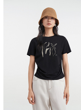 [专柜同款]Yifini/易菲手绘印花抽褶修身百搭T恤时尚上衣D04Z1021