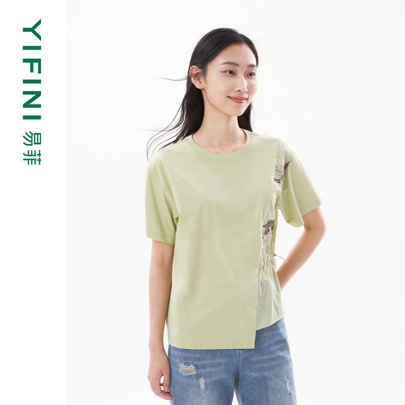 易菲宽松短款拼接绣花时尚T恤