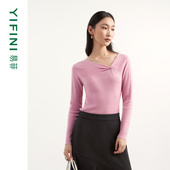 专柜同款 短款 Yifini 修身 打底衫 易菲不对称扭结坑条套头针织衫