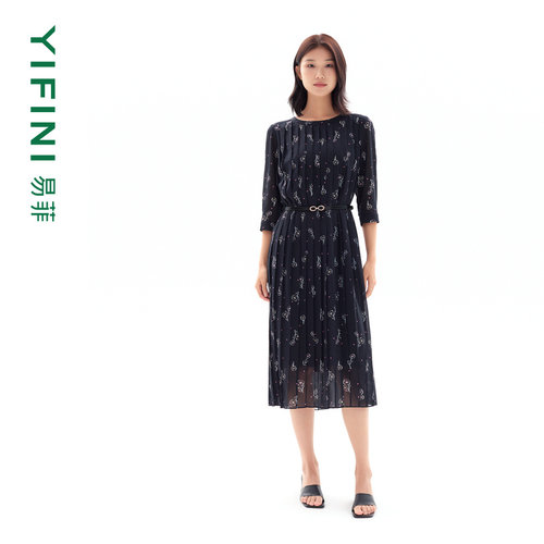 易菲中袖圆领气质优雅连衣裙