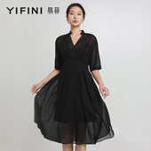 Yifini 专柜同款 易菲100%棉两件套V领高腰气质连衣裙女夏装