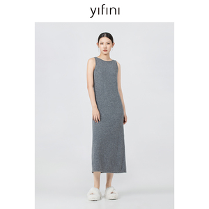 Yifini/易菲100%绵羊毛宽松无袖连衣裙女春秋新款长款背带裙
