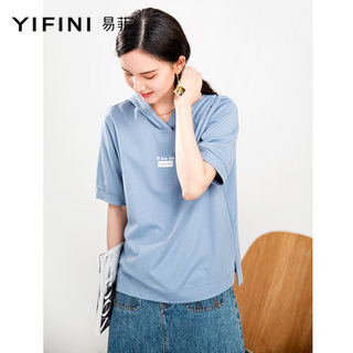 Yifini/易菲薄款短袖卫衣女连帽印花v领t恤宽松短款上衣夏装