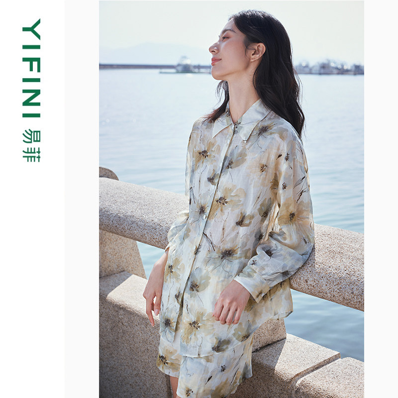 [专柜同款]Yifini/易菲苎麻印花简约长袖衬衫百搭短裤休闲套装,女装/女士精品,时尚套装,淘宝优惠券,粉丝福利购,淘宝优惠卷