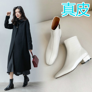 真皮白色小方头粗跟马丁靴中跟短靴及裸靴春秋单靴加绒女靴子低跟