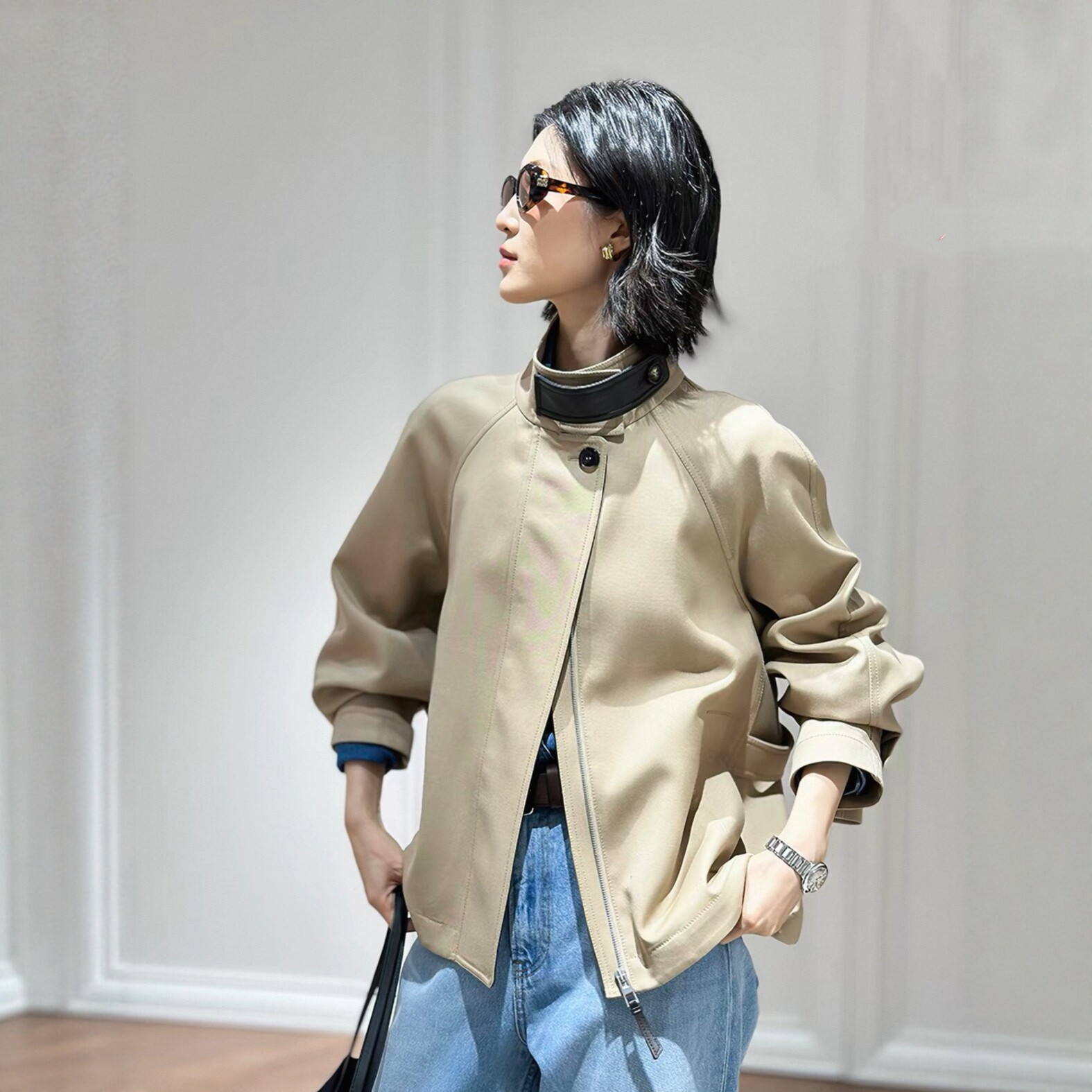 大幂幂同款百搭羊毛短款抽绳风衣