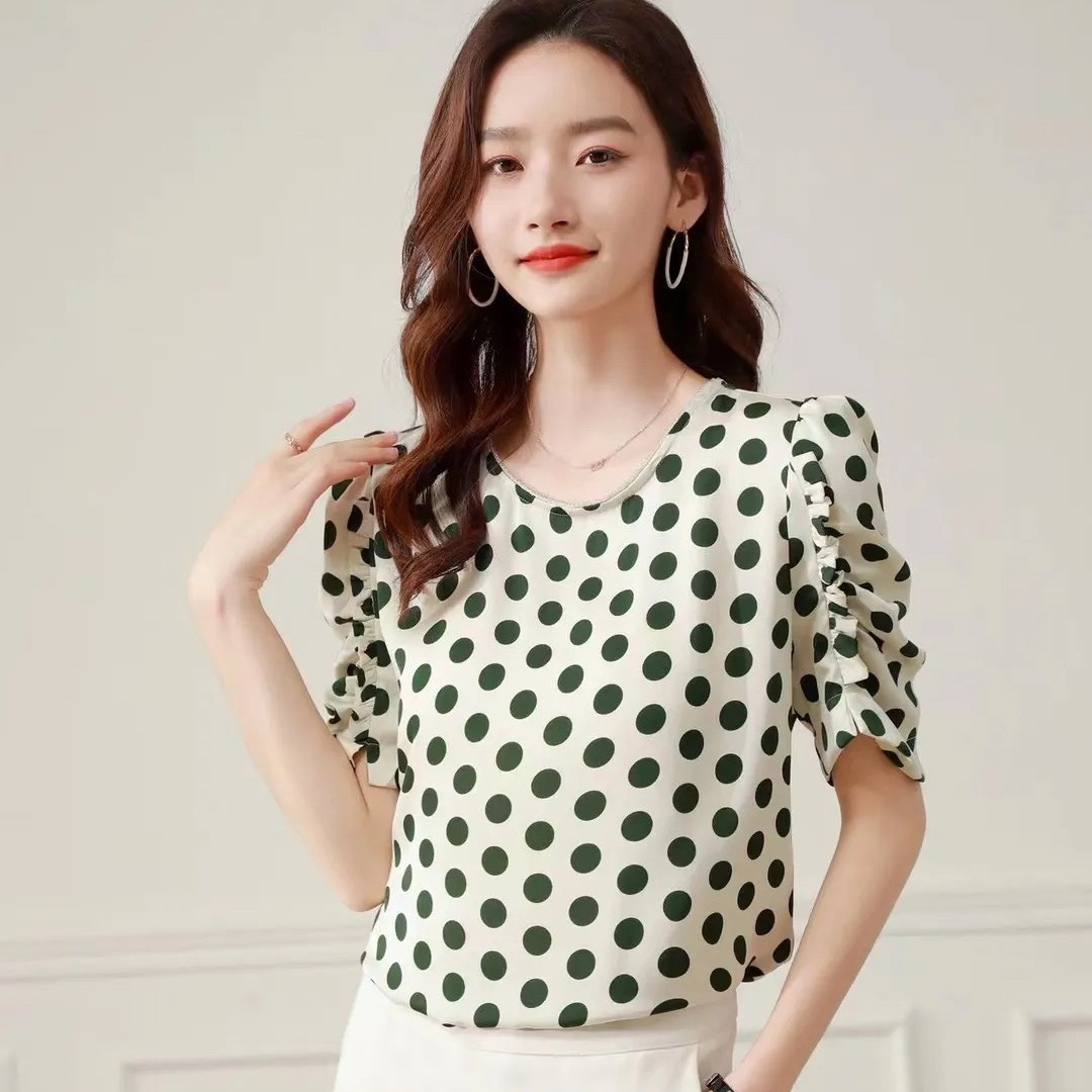 深圳南油欧货重磅桑蚕丝波点真丝上装春夏设计感短袖褶皱印花T恤