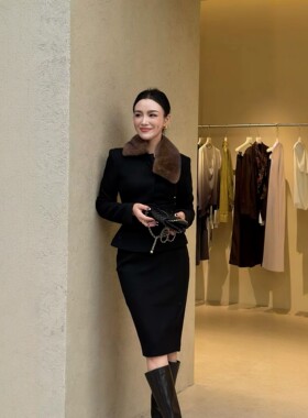 老钱水貂毛领外套半裙羊毛呢套装
