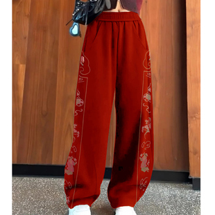 高档纯棉红色新中式复古民族风刺绣休闲裤女卫裤秋冬加绒加厚长裤