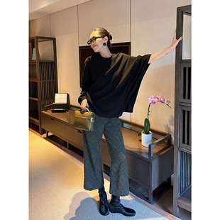 紫紫 巴家结构上衣 三季叠搭混纺反对称袖上衣圆领黑色设计感打底