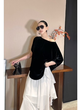 AME 老钱优雅衫 桑蚕丝春夏百搭多穿短袖黑色上衣显瘦百搭上衣女