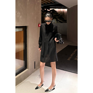 天丝亚麻手工缝线褶皱塔克条连衣裙长袖 裙 显瘦圆领 风琴衬衫 AME