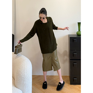 衬衫 暖棒针肌理绵羊毛双排扣毛衣设计感翻领长袖 松弛美polo 紫紫