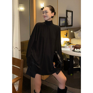 上衣叠穿打底衫 设计感下不规则高领慵懒感长袖 柔烟廓形上衣 紫紫