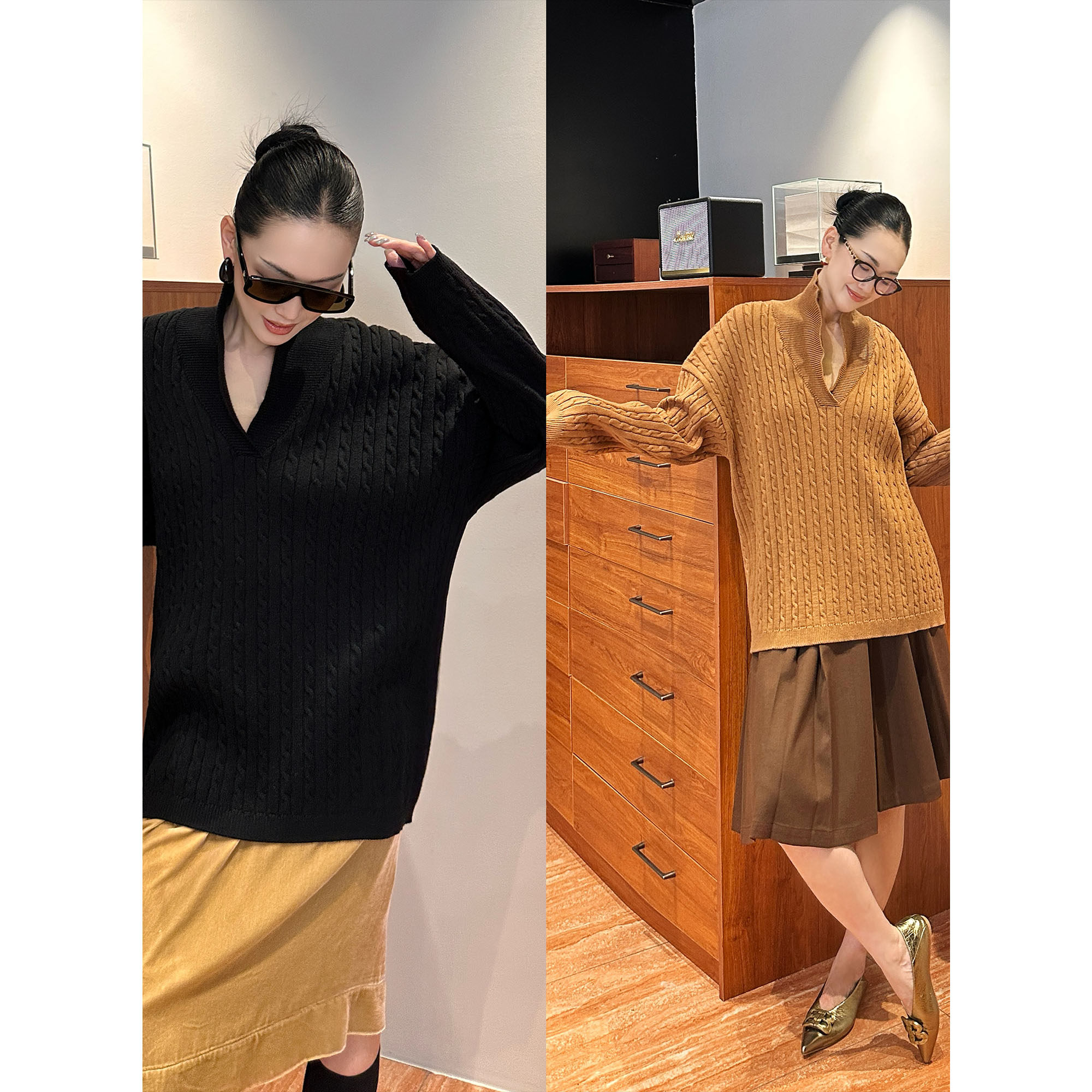 紫紫  经典麻花毛衣 无时间经典暖绞纹翻领毛衣长袖百搭显瘦上衣