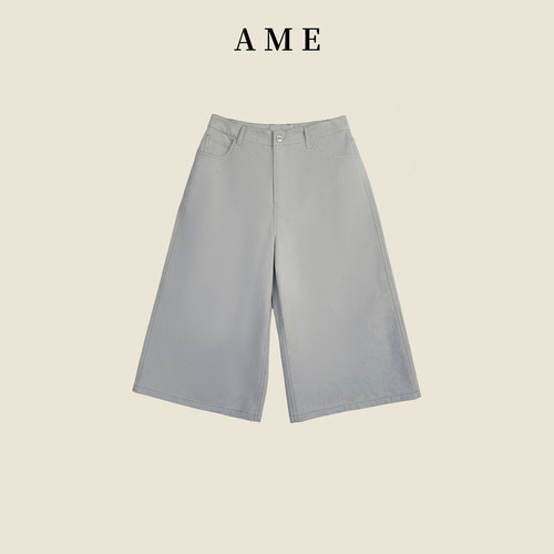 AME  白牛裤     设计师水洗棉牛八分三防小白阔腿裤ZE05KZYL1405