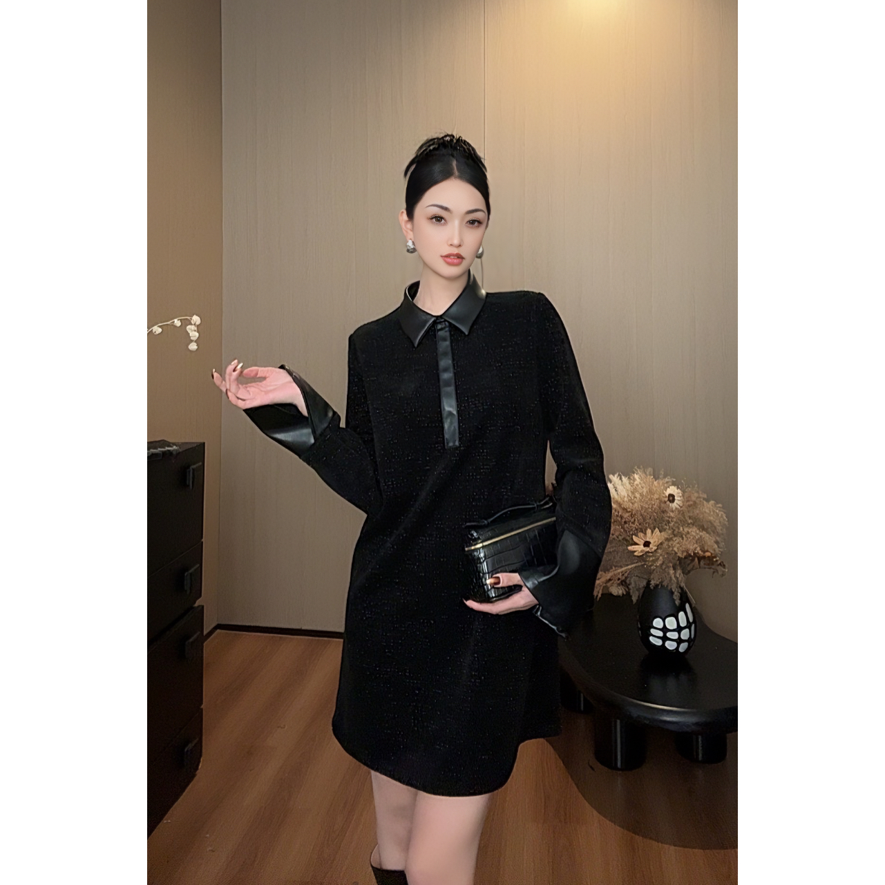 紫紫   高知复古   香风花呢经典亮丝春秋冬连衣裙ZC10LZYL652