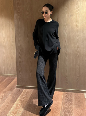 AME 叉腰街头喇叭裤 浅中式泼墨印花弹力微喇裤显瘦直筒女休闲裤