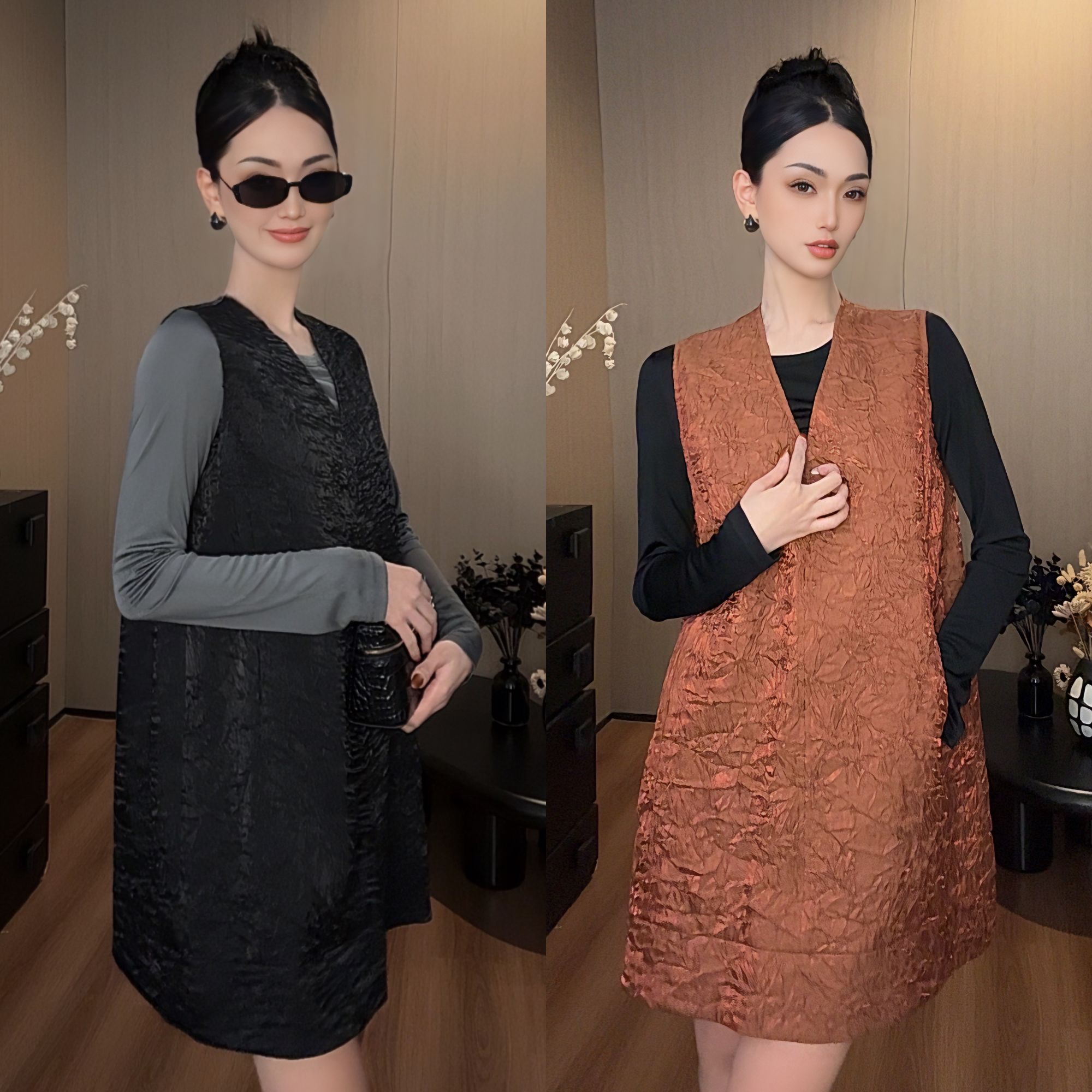 紫紫火焰百合复古肌理感连衣裙