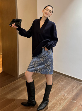 AME 碧落花园裙 浅中式返璞斑斓花园稠感四季半裙后开叉半身裙女