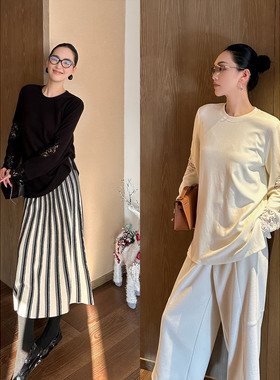 AME 观春镂空T 浅中式绵羊毛混纺糯叽叽镂空之美上衣圆领长袖打底