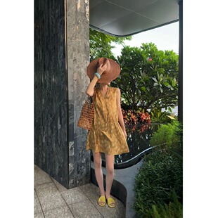 蔓印无袖 紫紫 时尚 夏季 V领抽褶裙背心休闲休闲连衣裙女 鎏金山茶