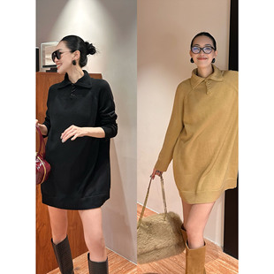 紫紫 角扣毛衣裙 线条美学绵羊毛中长裙半高领毛织连衣裙翻领长袖