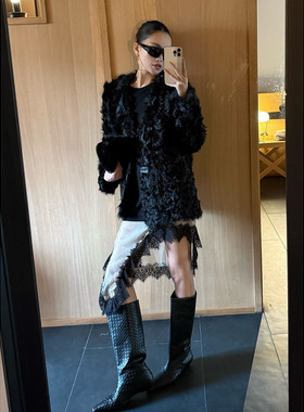 紫紫 动态优雅T裙 流光缎面蕾丝三季叠搭连衣裙不规则设计感短裙