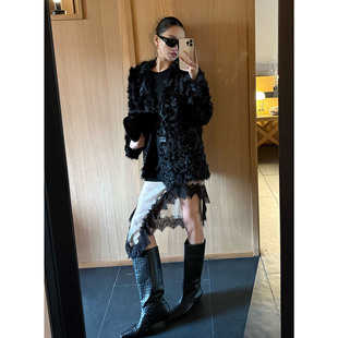 叠搭连衣裙不规则设计感短裙 流光缎面蕾丝三季 紫紫 动态优雅T裙