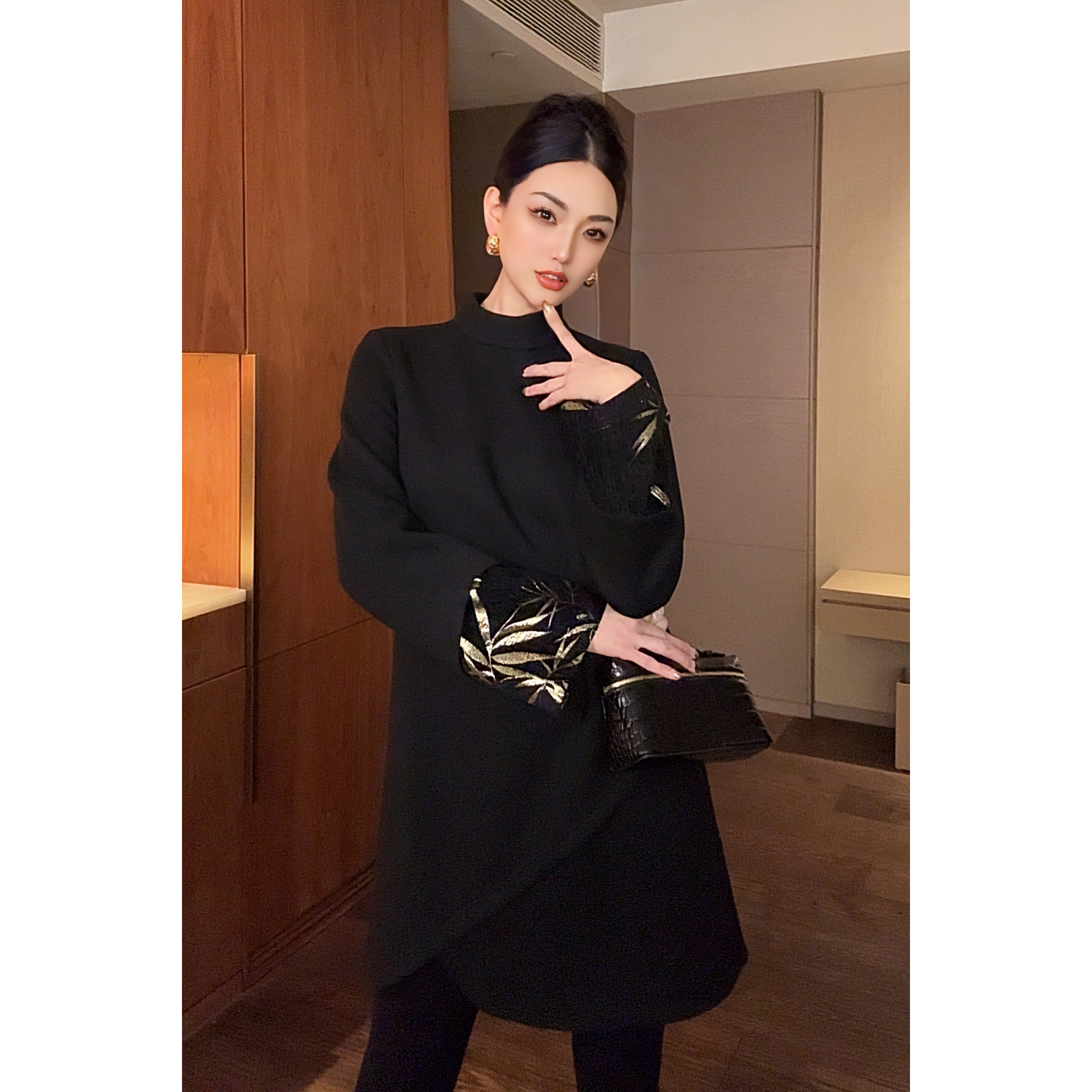 紫紫   竹烟   新中式压花丝绒拼接连衣裙ZC10LZHJ365