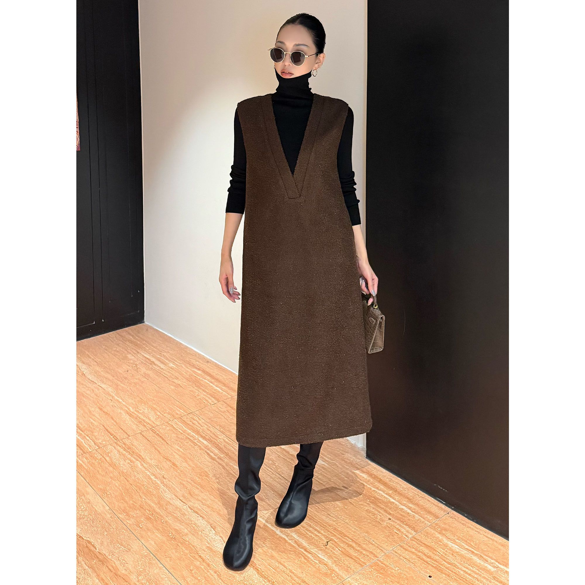 紫紫香妮妮咖裙叠穿裙子长裙