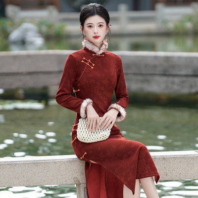 红色加绒冬装国风新中式苏州长袖改良旗袍冬季厚款女高级感拜年服