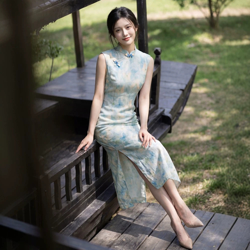 贝之韵蓝改良印花夏长款旗袍女2026夏新款少女无袖年轻款上班穿