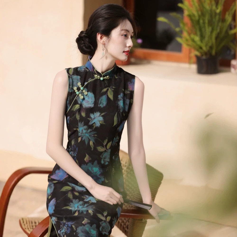 中国风黑色油画印花旗袍女新中式无袖改良日常穿高级感复古连衣裙