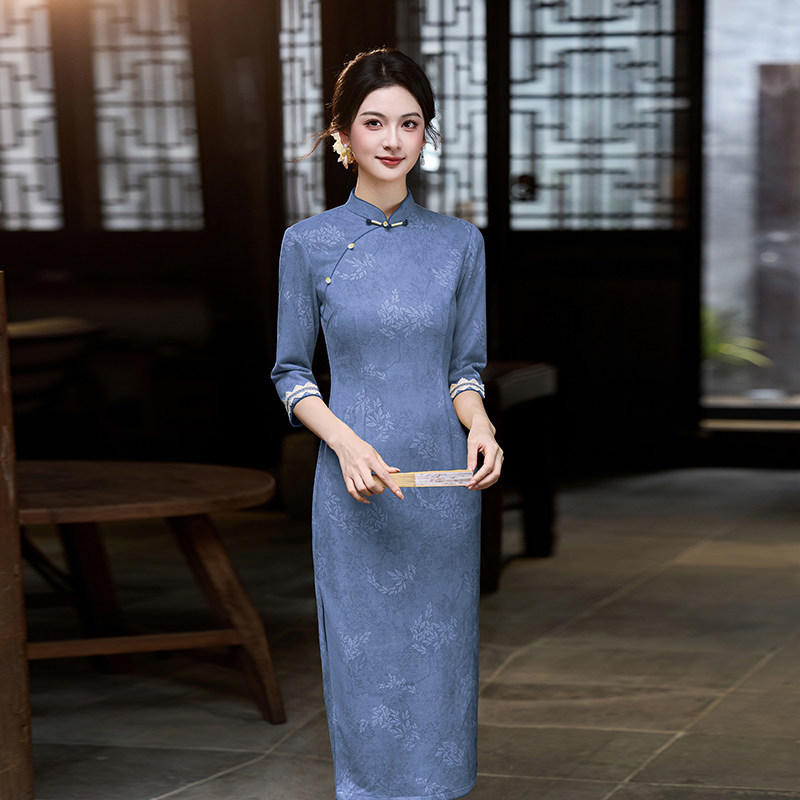 2026新款蓝色旗袍年轻款女七分袖日常复古民国风连衣裙长款上班穿