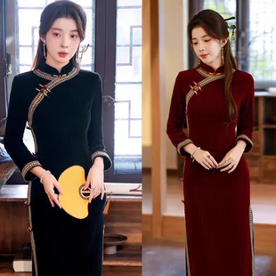 旗袍秋冬女红色新中式改良高端优雅新款复古日常长袖加绒加厚妈妈