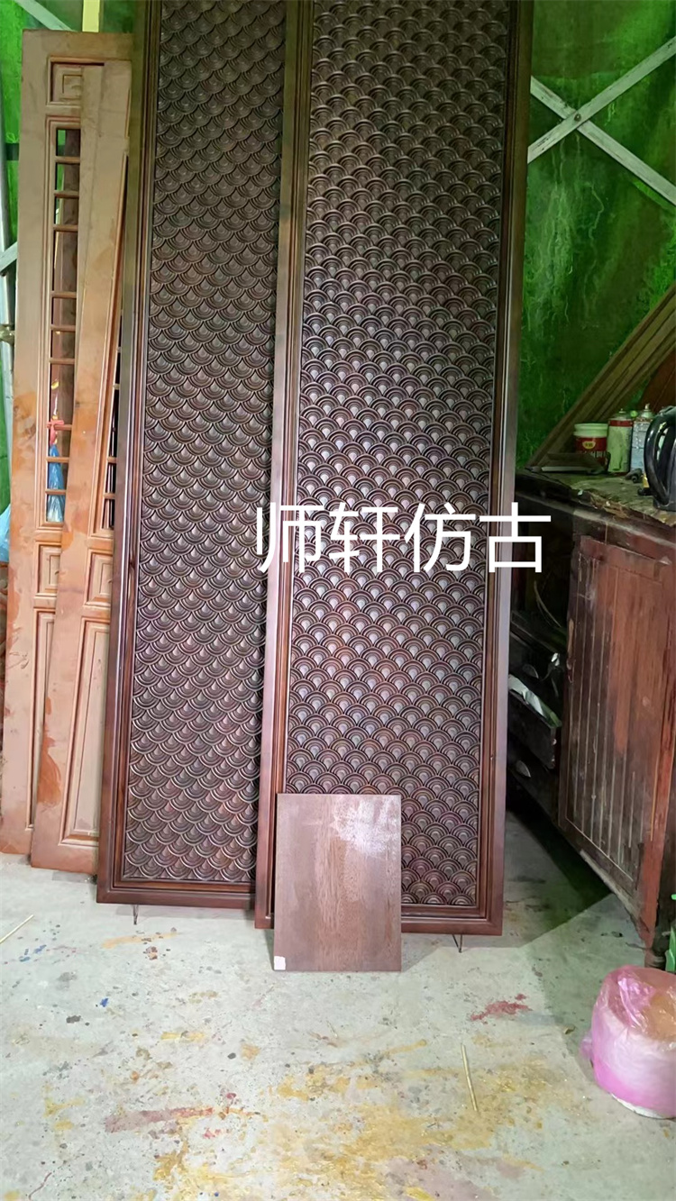 东阳木雕实木鱼鳞纹雕花板屏风手工浮雕通花板玄关隔断背景墙定制