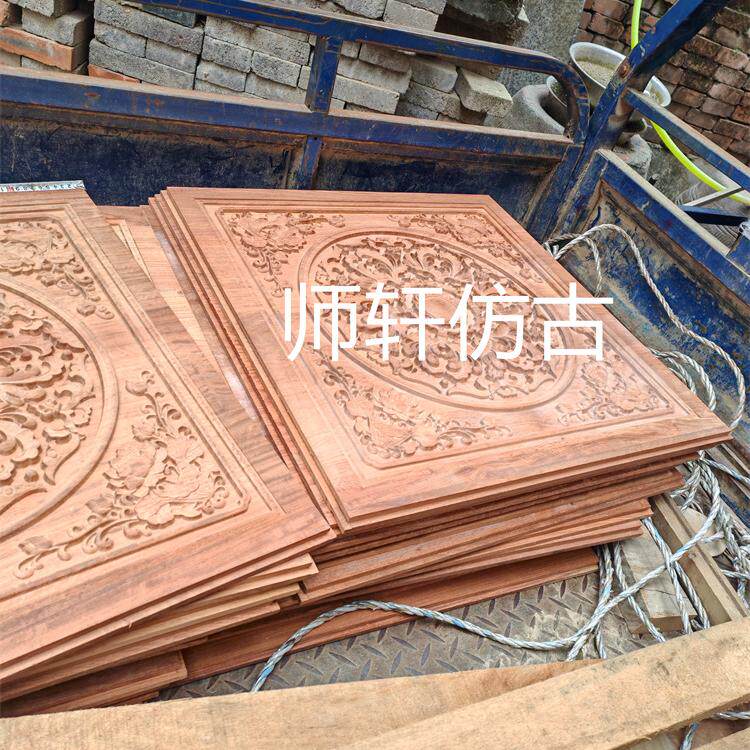 东阳木雕中式山水红木缅甸花梨寺庙吊顶洋花别墅花板屏风定制