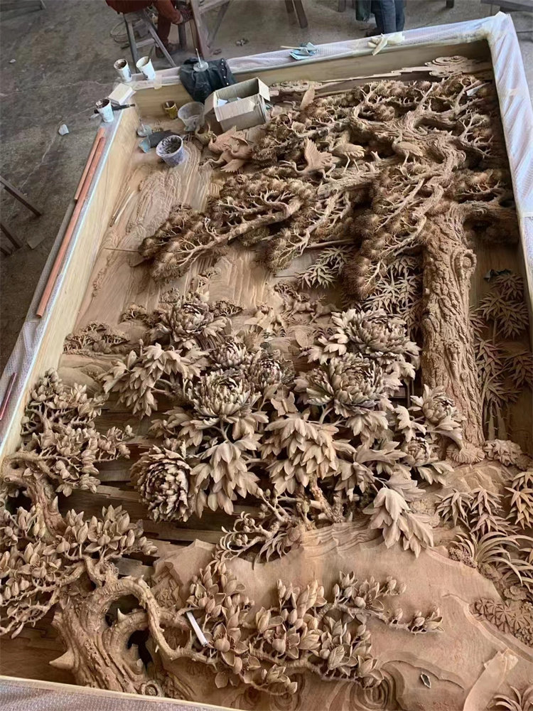 东阳木雕实木富贵满堂牡丹松鹤深雕手工雕花板电视背景墙雕刻定制