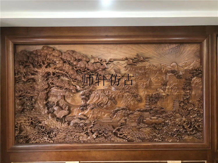 东阳木雕红木中式装饰高端缅花手工深雕山水迎客松花板壁挂可定制